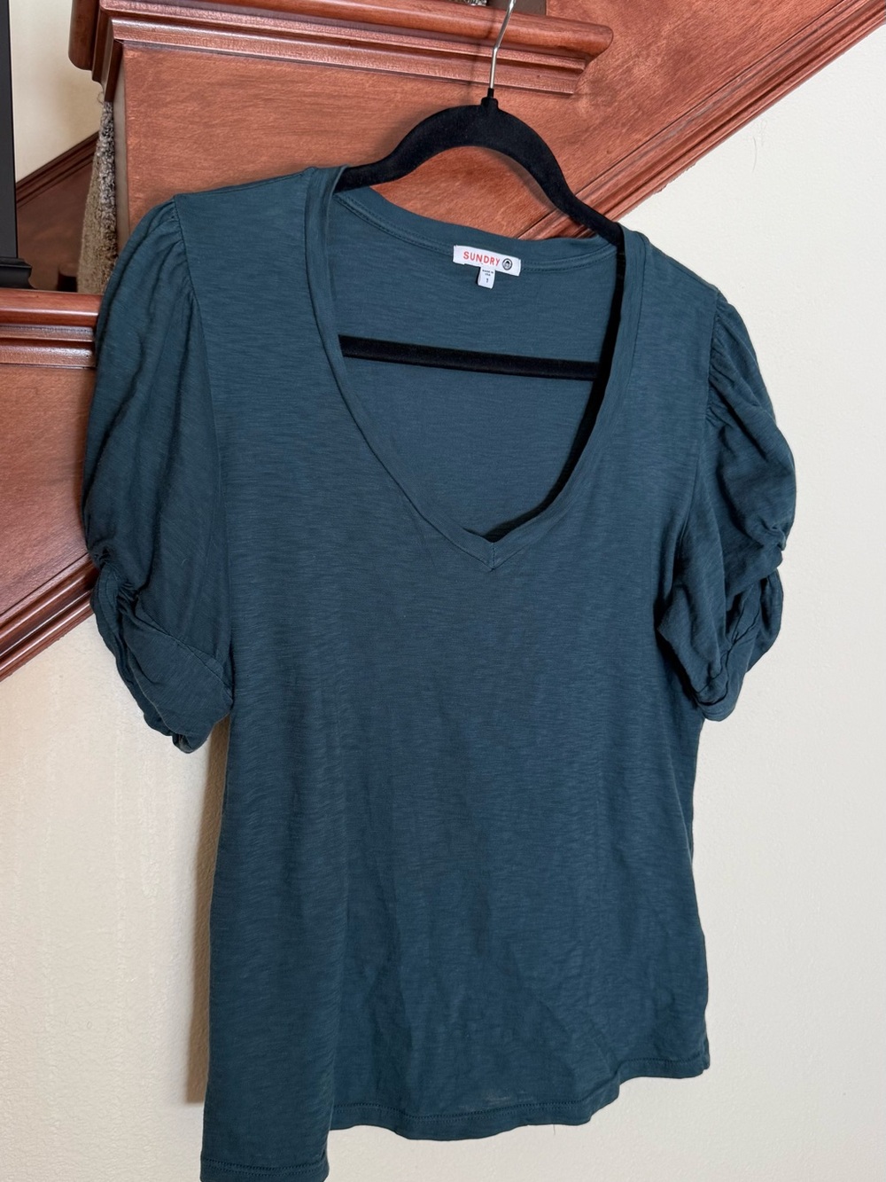 Sundry Deep Teal V-Neck Puff Sleeve Tee